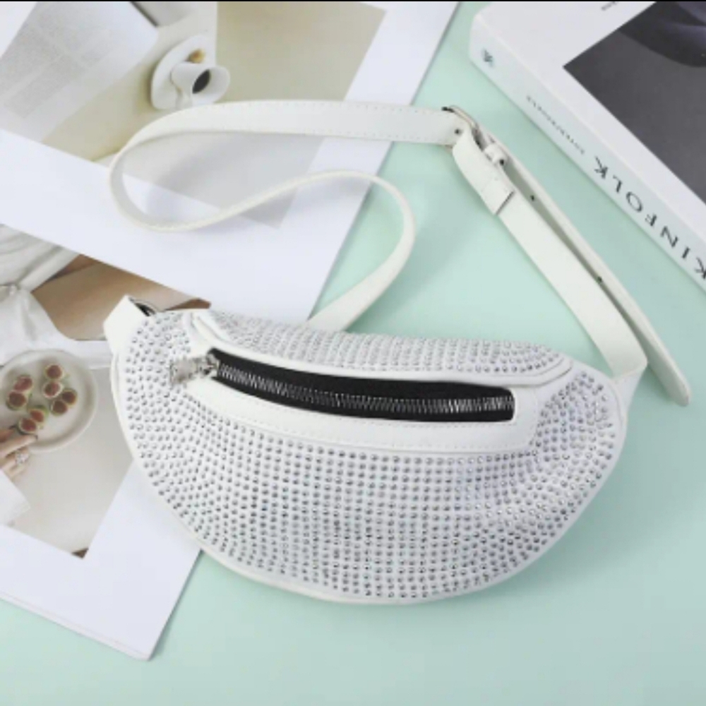 White Rhinestone Crossbody Waist Bag with Adjustable Strap